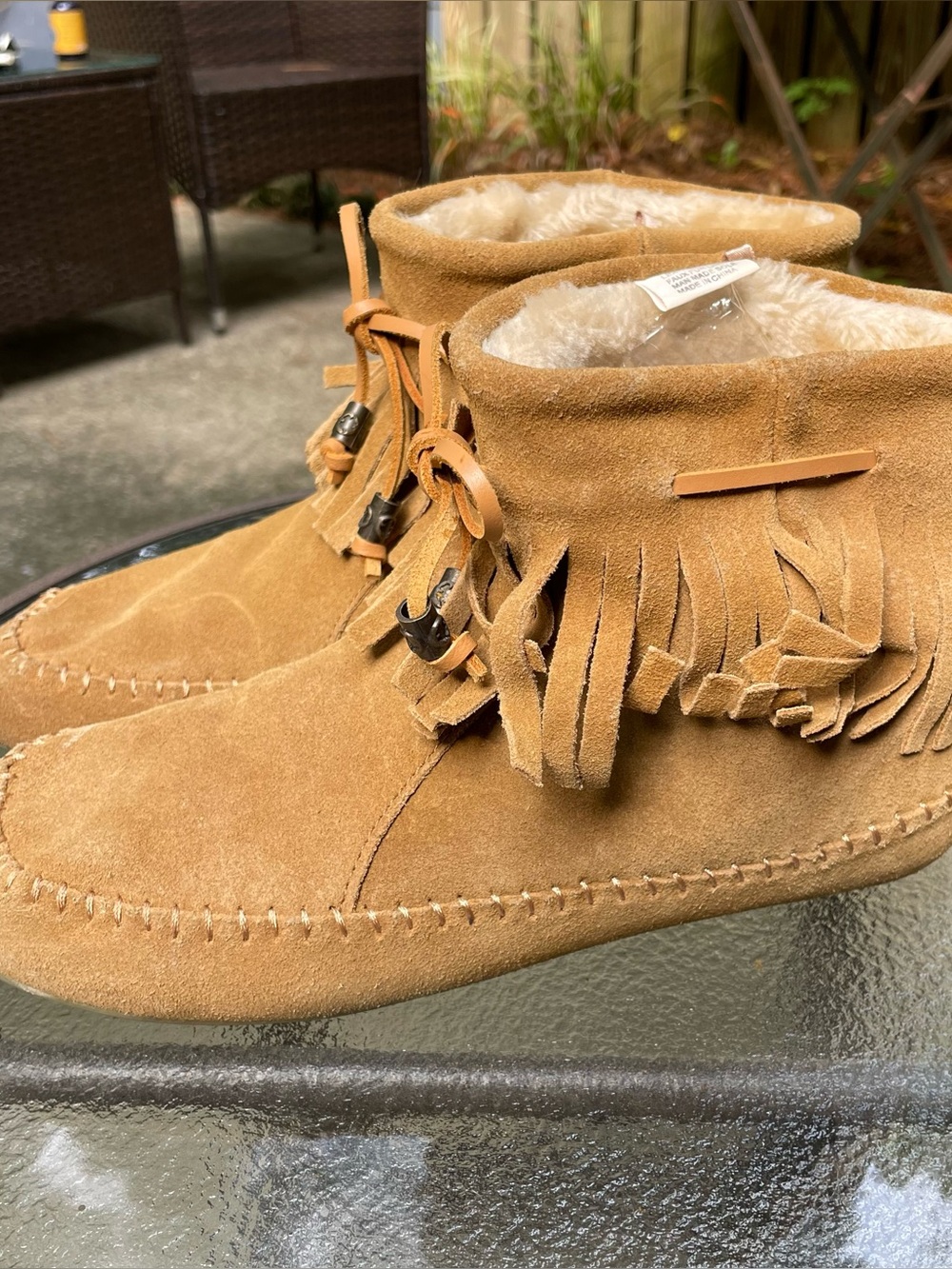 Lucky Brand Leather Suede Fringe Moccasin Boots Women 9 EUC